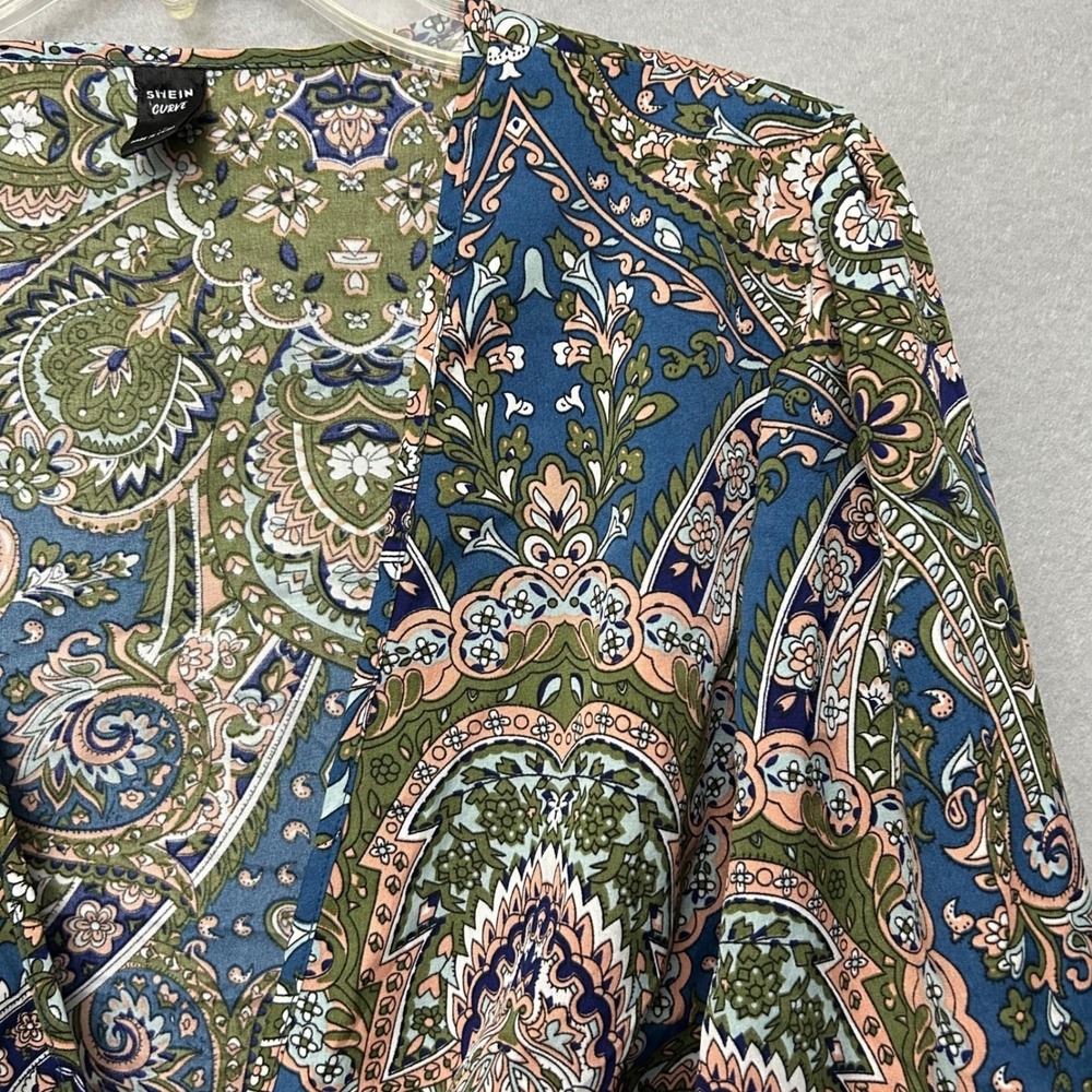 SHEIN Curve Paisley Tie Front Crop Top Womens 2XL Blue Green Boho Long Sleeve - Picture 7 of 16